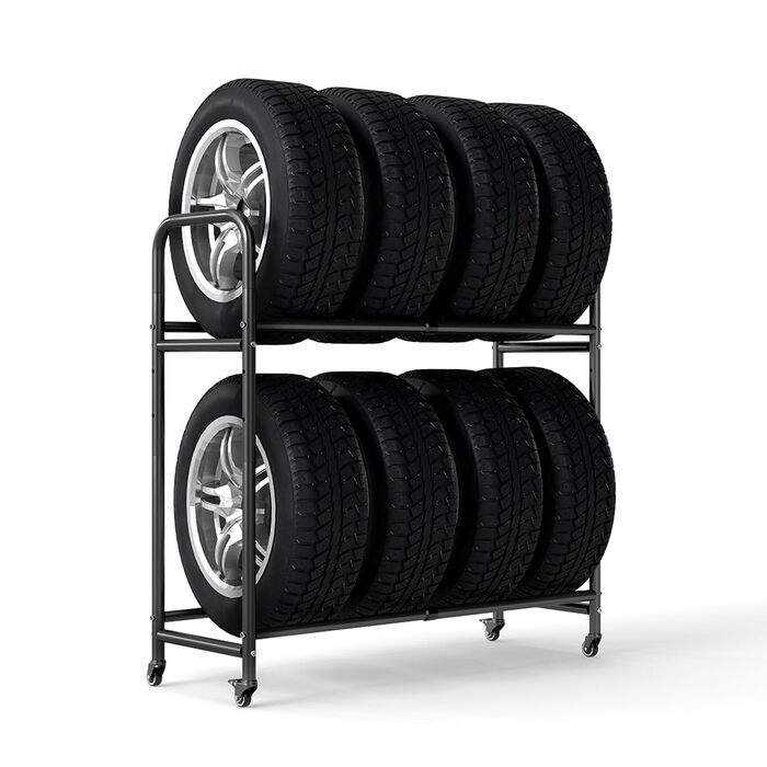 Стійка для шин BAOYOUNI на 4 шини/диски, 2 яруси, регульована, на колесах, для гаража, складу, майстерні, 57,2 x 37,3 x 114,6 см