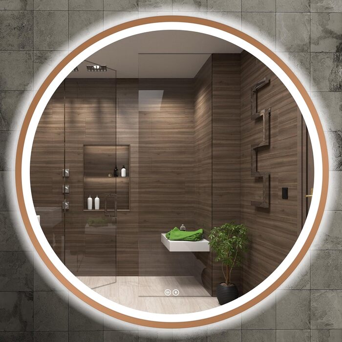 LED дзеркало для ванної кімнати Home Glow круглої форми 80 см з підсвічуванням, антизапарюванням, сенсорним вимикачем та металевим каркасом (червоне золото)