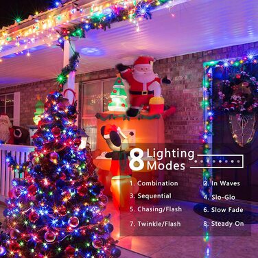 Світлодіодні вуличні гірлянди для різдвяної ялинки, 20 м, 200 світлодіодів, 8 режимів, водонепроникні Декоративні гірлянди для спальні, будинку, для весілля, патіо, патіо, холодні (різнокольорові, 200 світлодіодних зелених кабелів)