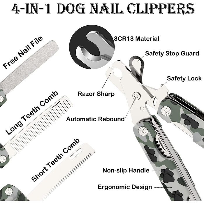 Професійні ножиці для кігтів DOUBFIVSY для собак і кішок, ножиці для кігтів 4 в 1 з безпечної гребінцем для нігтів, щипці для кігтів з нержавіючої сталі для догляду за кігтями домашніх тварин для великих середніх маленьких собак кішок (камуфляж)