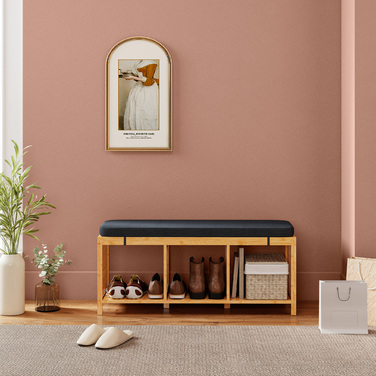 Взуттєва шафа з бамбука, банкетка для взуття з м'яким сидінням та відкритою полицею, з імітацією натурального дерева.