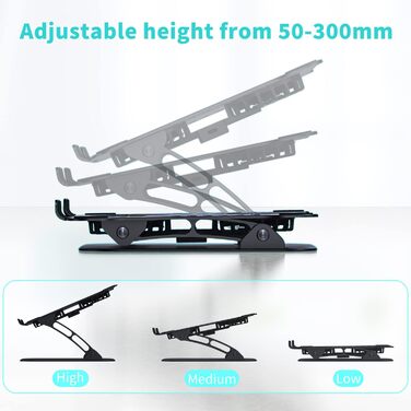 Регульована підставка для ноутбука з RGB вентилятором, складана з алюмінієвого сплаву, вентильована, ергономічна, сумісна з MacBook, 10-17'' (чорний)