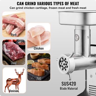 Електричний м'ясорубка VEVOR для кухні та ресторану, 2.27 кг/хв, 300 Вт, з нержавіючої сталі