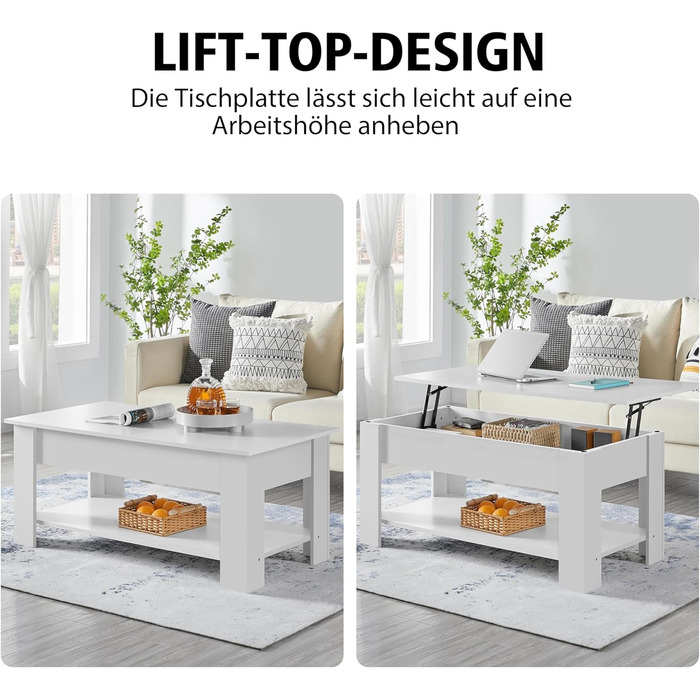 Журнальний столик Yaheetech з регульованою висотою та прихованим місцем для зберігання, дерев'яний, для вітальні та офісу (120 x 59 x (49,5-63,5) см, білий)