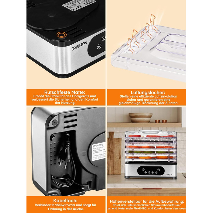 Електрична сушарка для продуктів FOHERE з нержавіючої сталі, 5 ящиків, LED-дисплей, 420W, 35-70°C, таймер 48h, для їжі, грибів, фруктів, м'яса, риби, овочів, без BPA