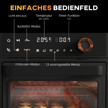 HOMCOM міні-піч з конвекцією 40-220 °C, об’ємом 13 л, з дека, решітки для грилю та піддону для крихт. Міні-піч з функцією фритюрниці та 12 програмами для різноманітного приготування їжі.