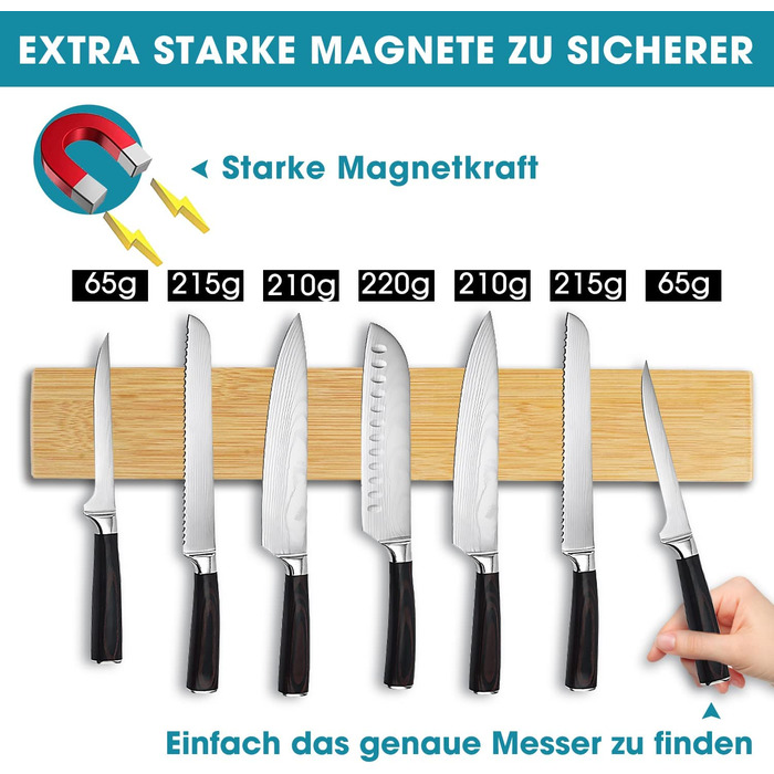 Покращений 50 см Магнітний ніж, надміцний тримач для ножів з нержавіючої сталі, настінний тримач з магнітною планкою, самоклеючий простий в установці, тримач для ножів з магнітною стрічкою для організованої кухні (02 бамбука-40 см)