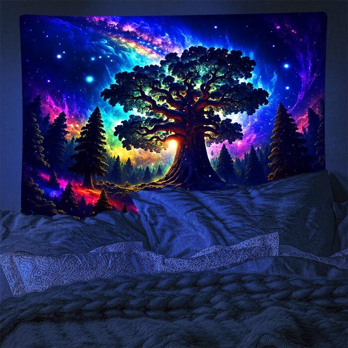 Гобелен Arsey Blacklight Forest Trippy UV реактивний, Дерево Зірки Галактика, 300x180см, Багатобарвистий, XXXL