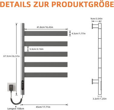 Електричний сушильник для рушників ZOYI 180° поворотний, 140W, сірий (настінний)