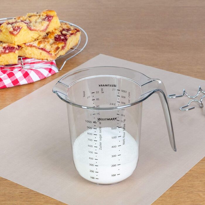 Набір для приготування та випічки Westmark Duo 4 предметів: каструля з кришкою 1 л, миска для замішування 3,5 л з кришкою, мірна склянка 1 л, лопатка для тіста, пластик/силікон, прозорий/білий/червоний/чорний