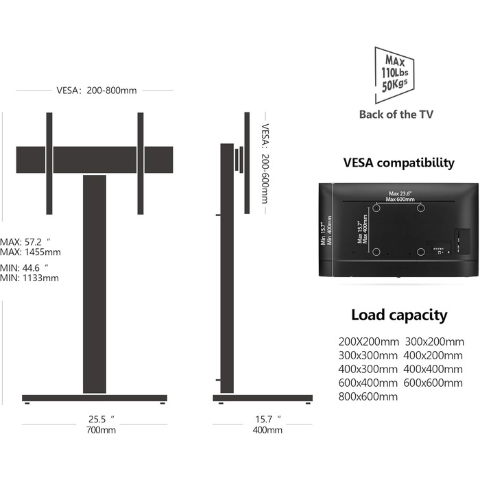 Підлогова підставка для телевізора FITUEYES регулюється по висоті, поворотна на 50-85 дюймів, макс. 50 кг, VESA 800x600, чорний