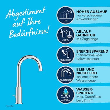 Змішувач для ванної кімнати GROHE Swift, високий, водозберігаючий, хром, 31 см, з інструментом 3-в-1, для встановлення на раковину