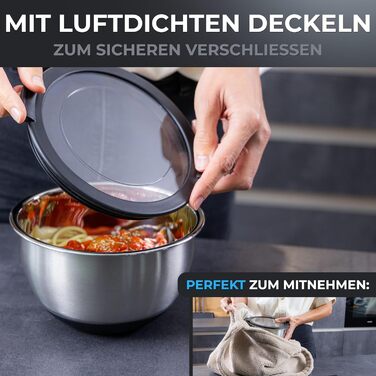 Набір мисок Roumare з нержавіючої сталі | 3 шт. | ⌀ 24, 20, 16 см | Миски для змішування, салатники | Кухня | Нековзний дно | 1,0л - 2,5л - 4,5л | З аксесуарами