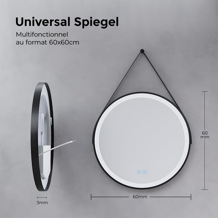 Дзеркало для ванної кімнати з підсвічуванням 60см, кругле LED дзеркало з LED-підсвічуванням, 3 кольори світла, регулювання яскравості, сенсорне управління, чорна рама, знімний монтаж 60x60 см