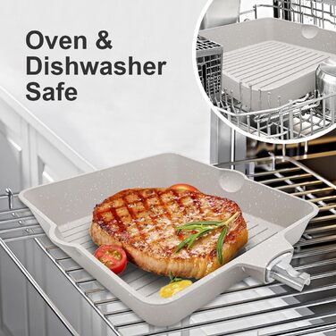 Сковорода-гриль AIKENBBKK 24x24 см з знімним ручками, антипригарне покриття, для стейків, сумісна з духовкою, миється в посудомийній машині (біла)