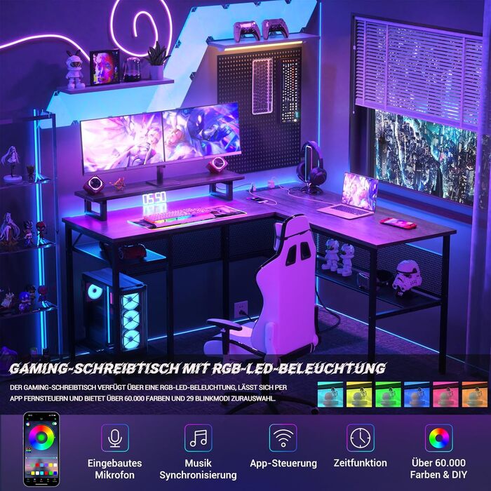 L-подібний ігровий стіл, 141x117x76 см, з полицею, для дому, офісу, навчання, ігор (гранатовий дуб)