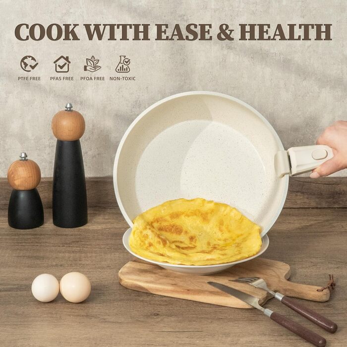 Набір каструль та сковорідок з керамічним покриттям 23 частини. Антипригарне покриття, знімні ручки, підходить для всіх плит, духовка, без PFAS, PTFE, PFOA. Кремово-білий колір.