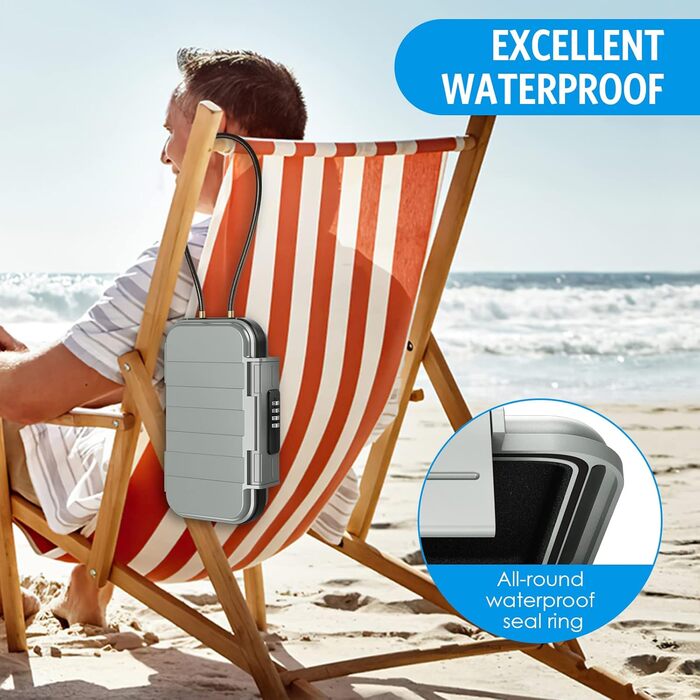 Сейф для зберігання Brifit, Strandsafe з кодовим замком, водонепроникний бокс з 6.3мм сталевим тросом, для подорожей, пляжу, авто, дому та офісу (23,5x13,5x5,8 см), глянцевий чорний (23.5 x 13.5 x 5.8 см, сірий)