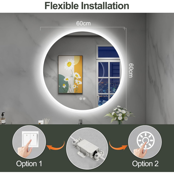 Дзеркало для ванної кімнати S'bagno Runder з підсвічуванням 60 см, антизапар, 3000K/4000K/6500K, регулювання яскравості, HD скло, функція пам'яті, IP44, 60x60 см