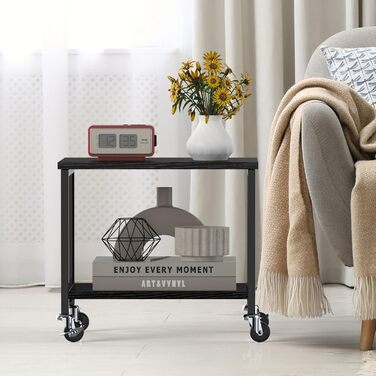 Двоярусний стіл для принтера з роликами, 30x42x37 см, дерев'яний та металевий, мобільний, для офісу та вітальні, чорний