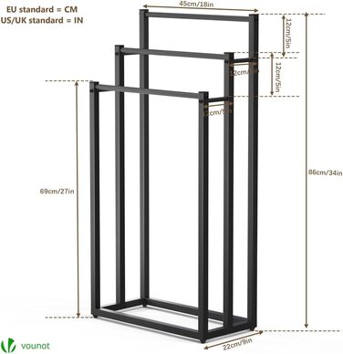 Підставка для рушників VOUNOT® на підлозі, металева, 3 стійки, чорна, 3 рівні