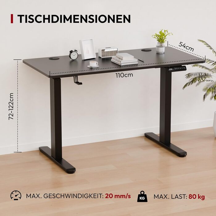 Регульований стіл Sanodesk з бездротовою зарядкою та подвійним мотором, компактний 110x54 см. Стабільний електричний стіл для стояння та сидіння (Чорний)
