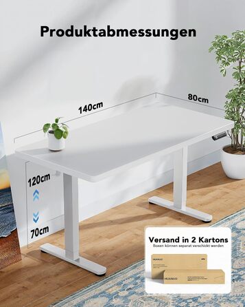 Електричний регульований стіл HUANUO 140x80 см, білий, з безщітковим мотором
