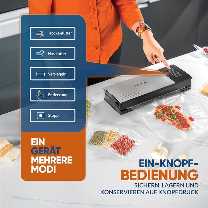 Вакууматор для продуктів PORTENTUM з корпусом із нержавіючої сталі та набором з 10 пакетів, вакуумний пакувальник та зварювач пакетів