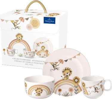 Набір дитячого посуду Villeroy & Boch Boho Kids 'Roar like a lion' (3 шт.) Бежевий, для миття в посудомийній машині, з мікрохвильовкою, з зображенням лева та мавпи, преміум-посуд