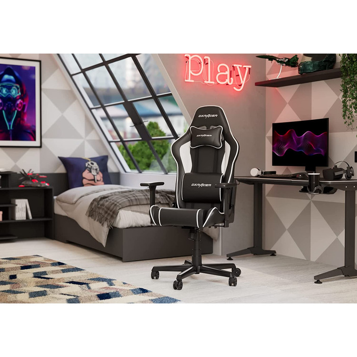 Ігрове крісло DXRacer Prince P08, шкірозамінник, чорно-біле, до 185 см