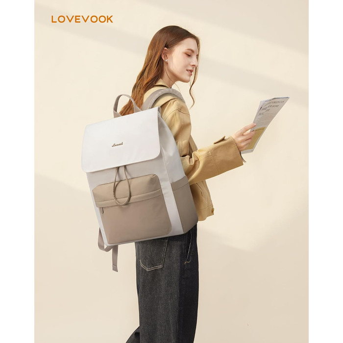 LOVEVOOK Рюкзак для жінок, 15.6 дюймів, рюкзак для школи, підлітки, водонепроникний, дівчатка, легкий, з відділенням для ноутбука, для подорожей, університету, роботи (17.3 дюйма, Бежевий+хакі)