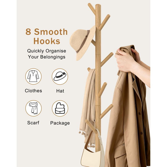 Вішалка для одягу Yawinhe у вигляді дерева з антиковзним покриттям, з масиву дерева, 180 см, 8 гачків, 3 регульовані висоти, для передпокою, 1 шт.