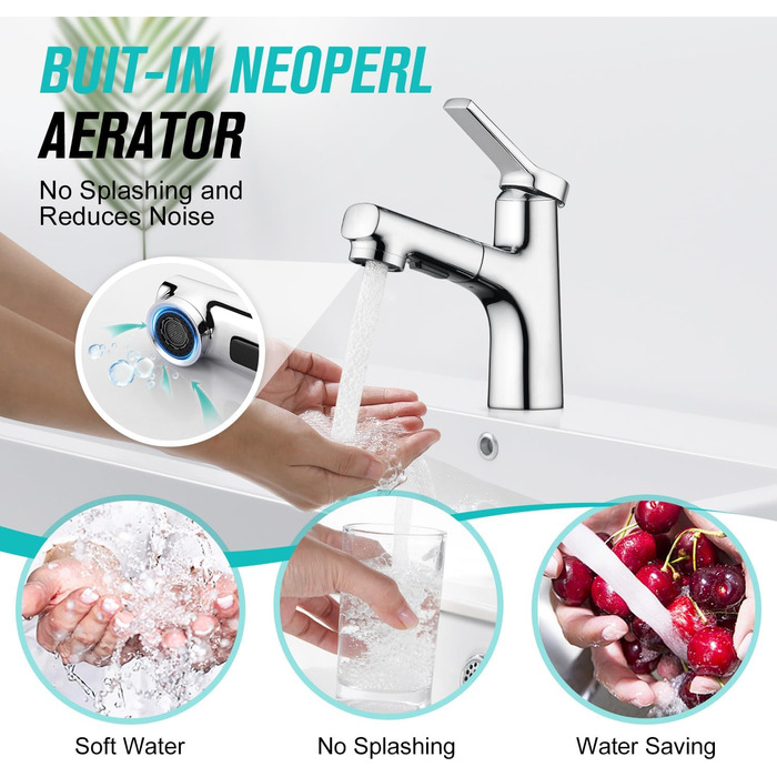 Сучасний змішувач для ванної кімнати CREA з висувною лійкою, 2 режими струменя, з міді, хром, для умивальника