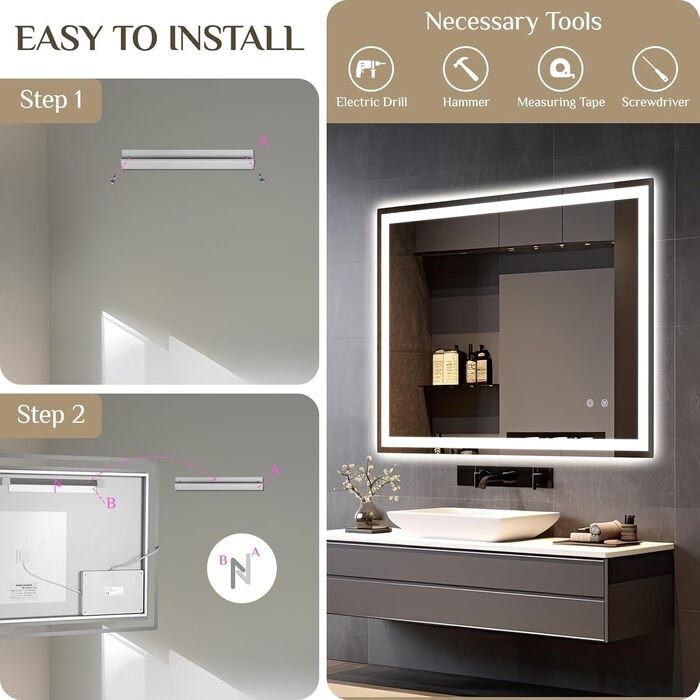 Дзеркало для ванної кімнати з підсвіткою 80x60 см, LED дзеркало з 3 кольорами світла, регульована яскравість, захисне скло, сенсорне управління, функція пам'яті, запобігання запотіванню, 60L x 80B cm