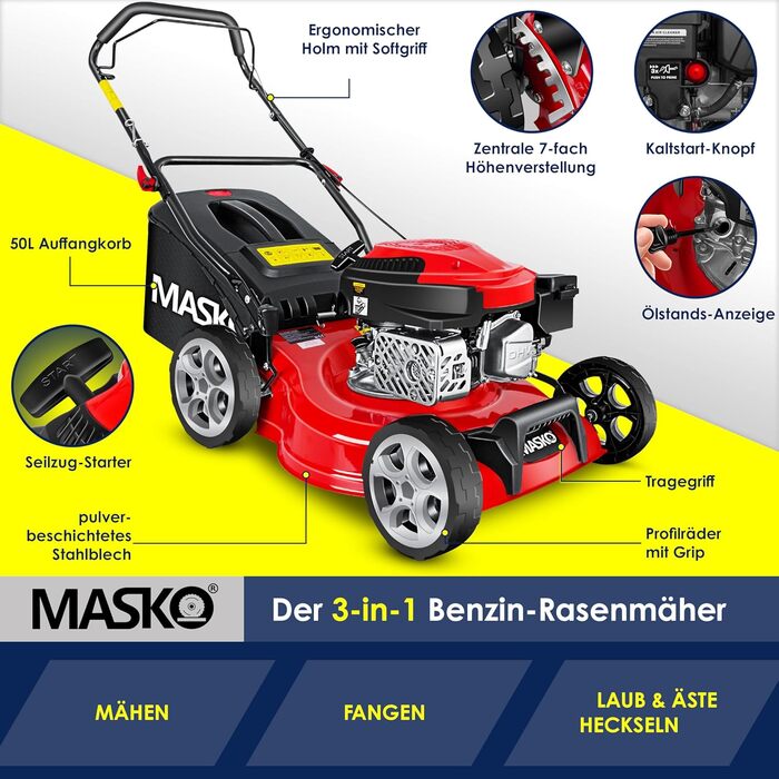 Бензиновий газонокосарка MASKO® 5in1 | Ширина косіння 51 см | 8 положень висоти стрижки | 4-тактний OHV двигун 6.0 PS | Об'єм кошика 65 л | В комплекті: комплект для мульчування, боковий викид (ширина 42 см)