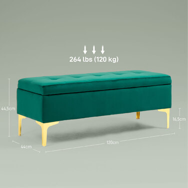 HOMCOM Лавка з місцем для зберігання, м'яка лавка оксамитовий вид 120x44x44.5 см, металеві ніжки, ліжко, лавка для вітальні, спальня, передпокій, зелена