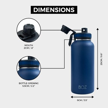 Пляшка для пиття з нержавіючої сталі BOZ XL (1 л / 32 Унції) з широкою шийкою, без бісфенолу А, з вакуумною ізоляцією з подвійними стінками (синій Колір Монако)