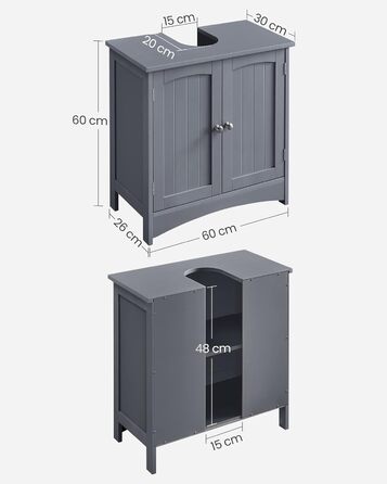 Тумба під умивальник, 2 двері, регульована полиця, стиль кантрі, 60x30x60 см, сірий