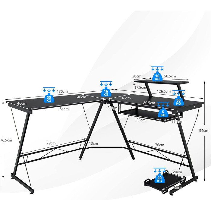 Кутовий стіл COSTWAY, L-подібний ігровий стіл з підставкою для монітора, лотком для клавіатури та підставкою для процесора, офісний стіл Комп'ютерний стіл Настільний ПК Настільний ігровий стіл для ігор Домашній офіс, 130 x 126,5 x 94 см