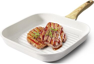 Сковорода-гриль GiPP 28x28 см, для стейків, індукційна, з алюмінію з гранітною антипригарним покриттям, без PFOA, для всіх типів плит, легко миється, біла