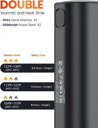 Електричний грілка для рук Warmco 2 шт., 10000mAh, USB Powerbank, 3 рівні нагріву, для чоловіків та жінок, Outdoor, Гольф, кемпінг, чорний