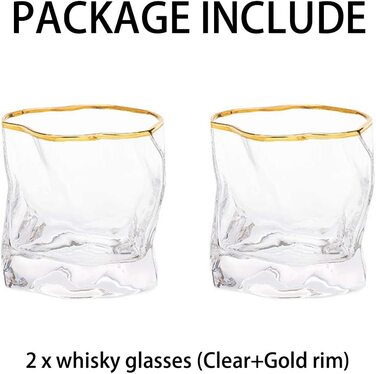 Набір склянок для віскі неправильної форми зі складками з нахилом, шотландське скло, 50 мл, модна кружка для віскі для тата, чоловіка, друзів, скляний посуд для бурбона / рому / чашки для барбекю (прозора золота оправа, 2)