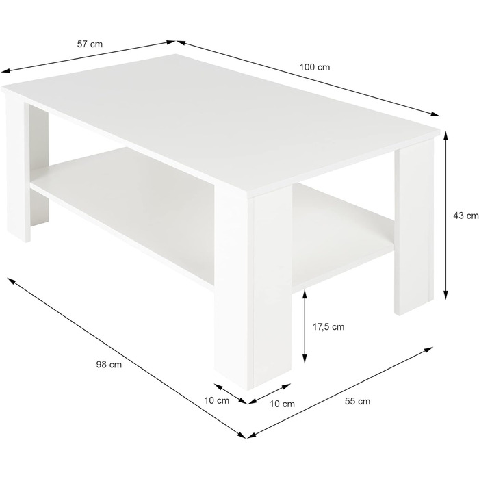 Журнальний столик ML-Design в білому кольорі, Місткий журнальний столик з полицею для вашої вітальні, 100x57x43 см, Прямокутний, Сучасний стіл для вітальні, Дерев'яний журнальний столик, Стіл для вітальні з місцем для зберігання, Журнальний столик