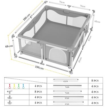 Манеж Sarr Klith Baby 150x180см, Манеж з присосками, Дихаюча сітка, Сірий, Внутрішній/Зовнішній