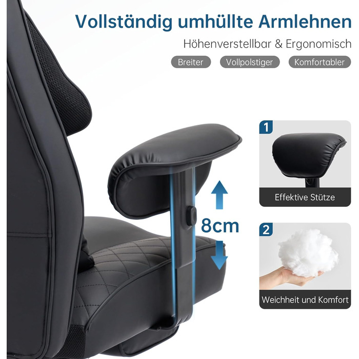 Офісний крісло Asukale Ergonomic 200kg з підніжкою, поперековою подушкою та широким сидінням, регульоване по висоті, імітація замші (чорний)