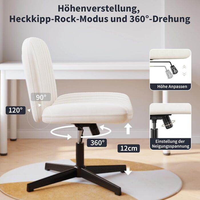 Офісне крісло Naspauluro без підлокітників, з тканинним покриттям, для роботи та відпочинку, з регулюванням висоти та функцією гойдання, поворотне на 360°, кремового кольору, без коліс