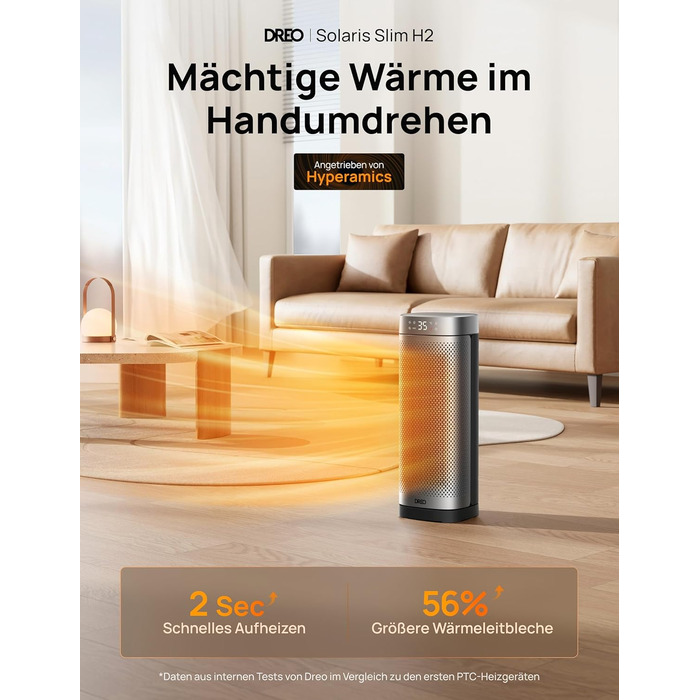 Електричний обігрівач DREO Solaris Slim H2: 2000W, керамічний, з термостатом, таймером, осциляцією, захистом від перегріву та перекидання, срібний