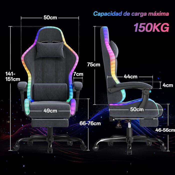 Ігровий крісло JUMMICO з тканини та LED підсвічуванням, ергономічний офісний крісло з масажем попереку та підніжкою, регулювання 90°-135°, максимальне навантаження 150 кг, колір сірий, компактний