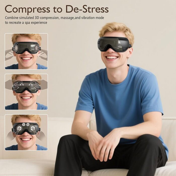 Масажер для очей XJUGEZ з підігрівом, вібрацією та Bluetooth, 4 режими, маска для очей, покращує сон, подарунок для жінок та чоловіків, чорний