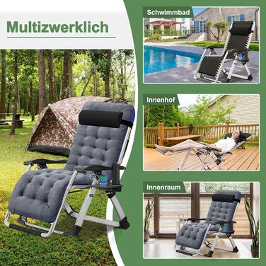 Складаний лежак з підголівником, 200 кг, для дому, балкону, пляжу, басейну (Сірий плюш)